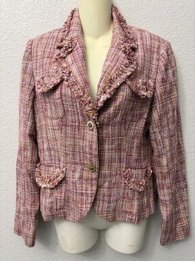 Vintage Pamela McCoy Pink Tweed Box Cut Jacket with Chiffon Tie Detail